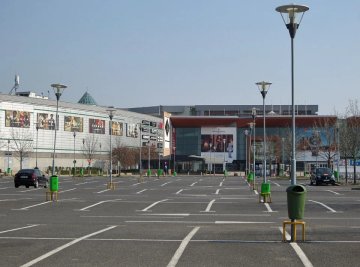 A shopping mall stands empty